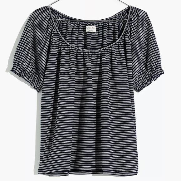 MADEWELL TEXTURE & THREAD PEASANT TOP IN STRIPE NAVY BLUE WHITE XS - Picture 4 of 9